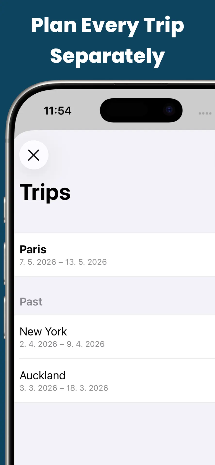 Costari trips list showing an active Paris trip and past trips to New York and Auckland